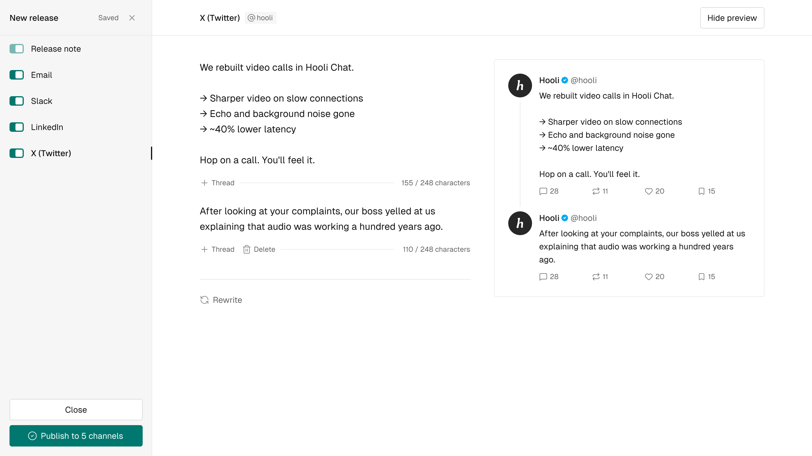 ReleasesHQ editor — drafting a release note inline.